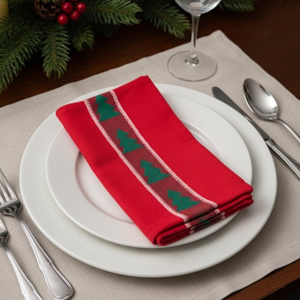 Vintage 80s Tag Textiles Red Christmas Tree 2 Napkins Embroidered Cloth‎ Holiday